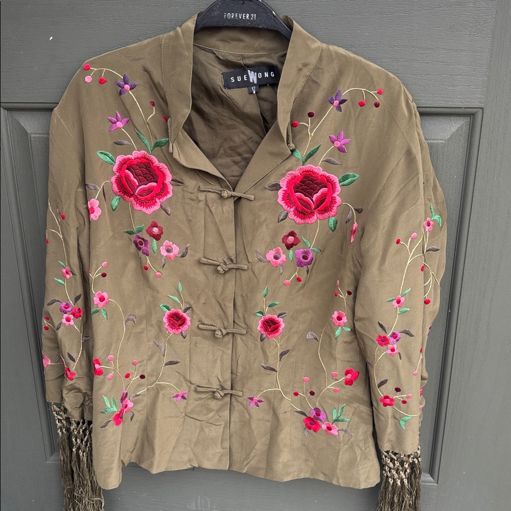 Sue Wong Y2K Floral Career  Blouse Colorful Silk Tassel Top Embroidered Japan